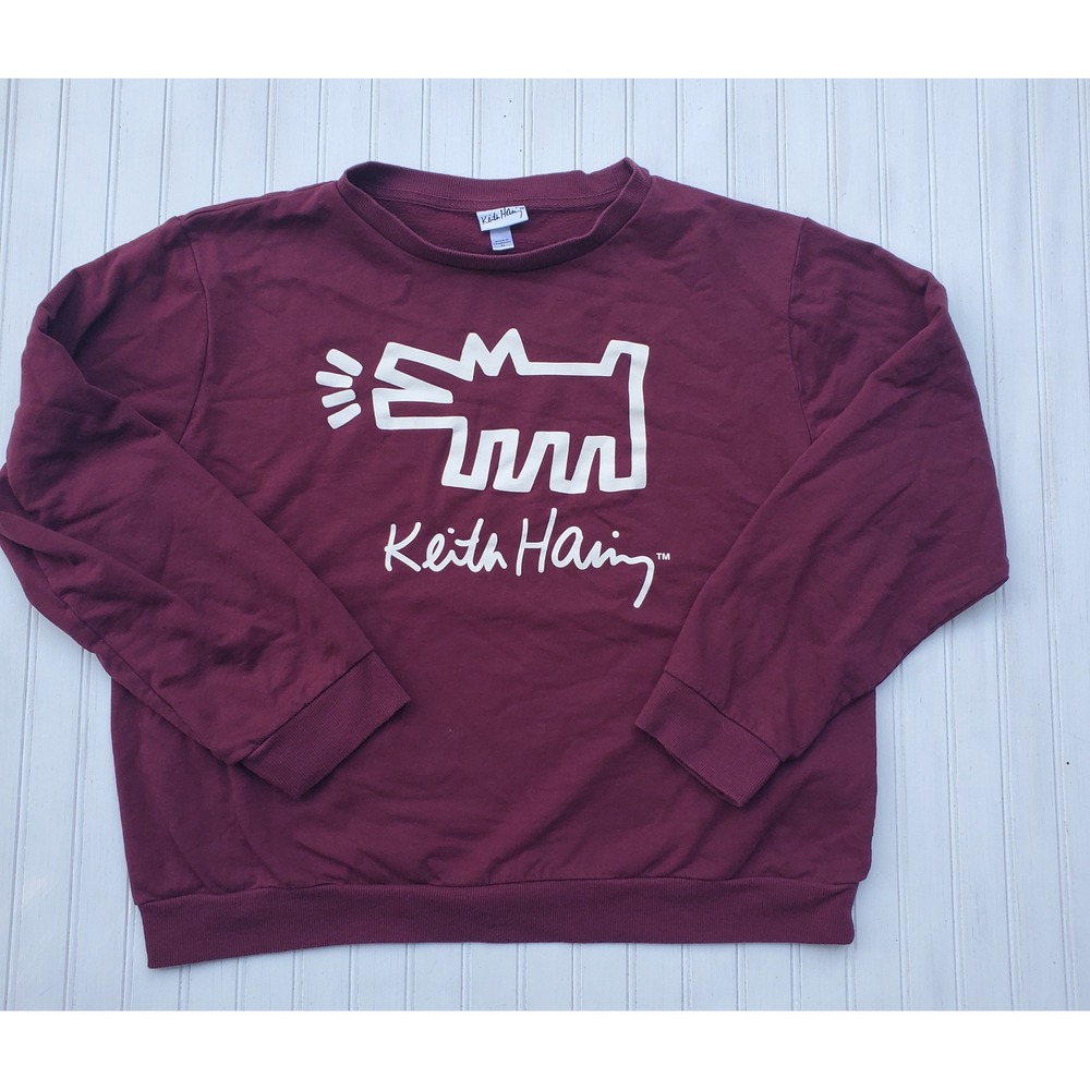 Keith Haring Barking Dog Graphic Sweatshirt Maroon Burgundy XL Pop Art Crewneck
